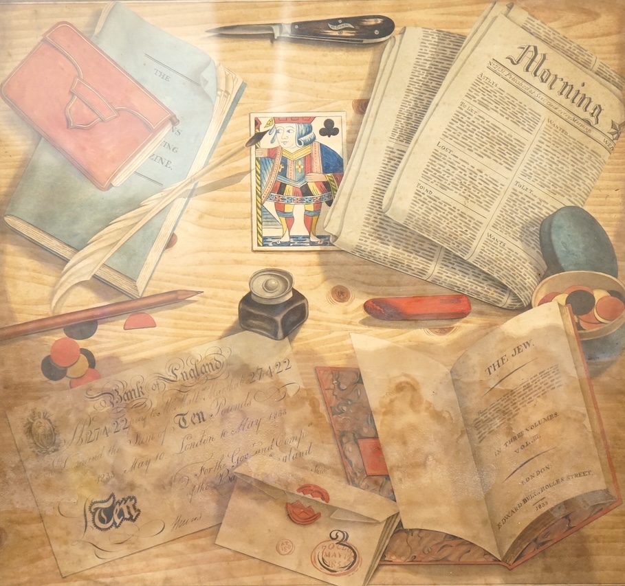 19th century, English School, 'Batchelor's table', c.1833, trompe l'oeil watercolour, 38 x 42cm